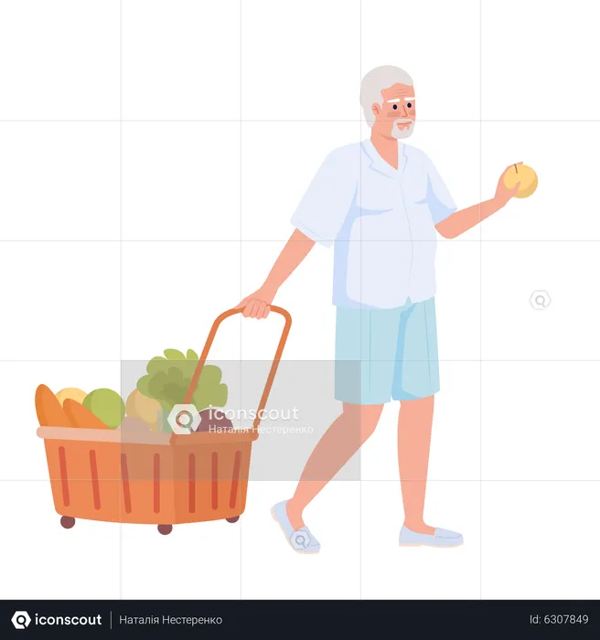 Senior man with shopping trolley  Illustration