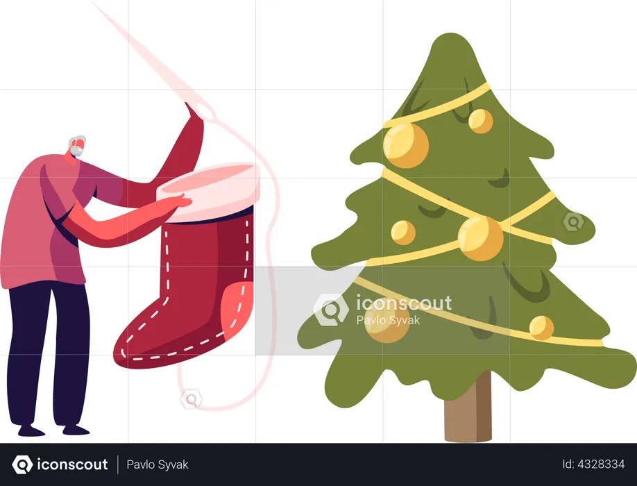 Senior old man decorating Christmas tree  Illustration