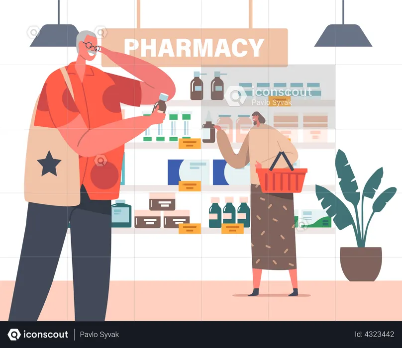 Senior People Purchase Drugs in Pharmacy Store  Illustration