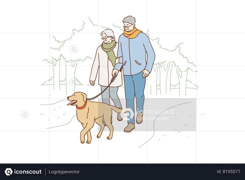 Senior people walking with dog in park  Illustration