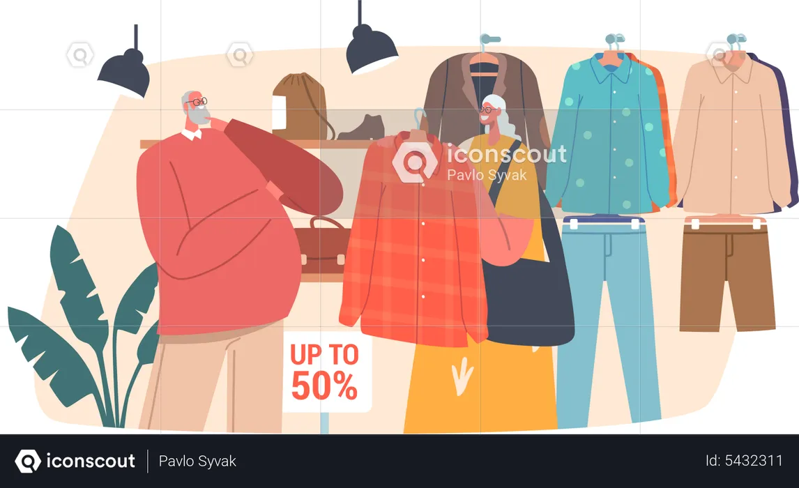 Senior Shopaholic Couple Purchase Clothes in Fashion Brand Outlet  Illustration