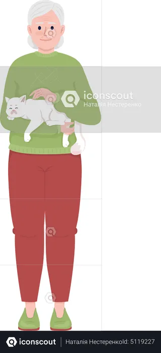 Senior woman cuddling cat  Illustration