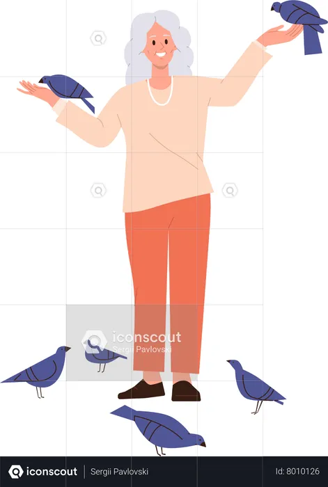Senior woman feeding dove bird enjoying daily life activity outdoors  Illustration