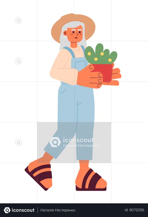 Senior woman gardener holding plant  Illustration