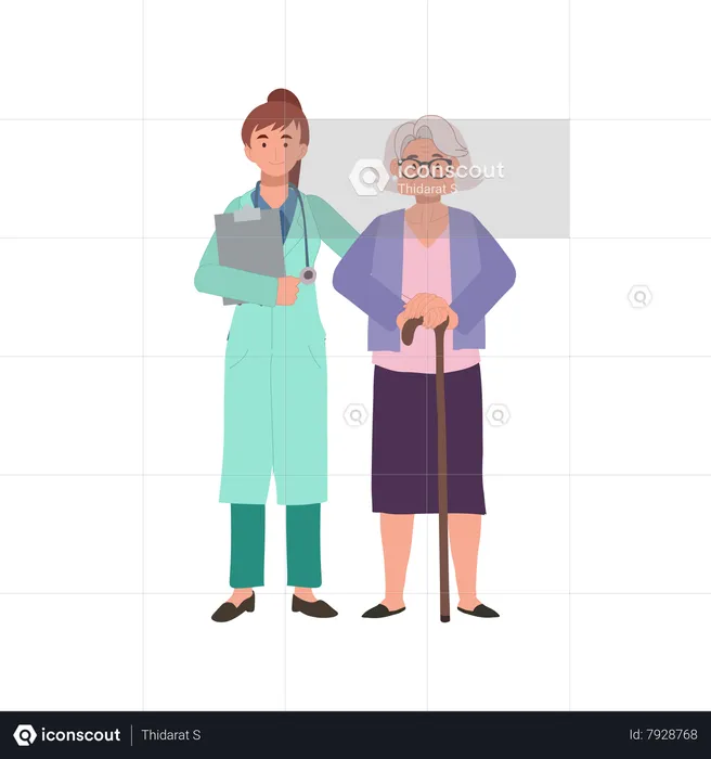 Senior Woman Granny Consulting with Female Doctor for Medical Advice,  Illustration