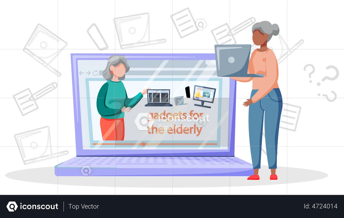 Senior woman learning to work with laptop  Illustration