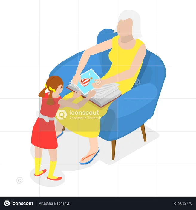 Senior woman reading book with grand daughter  Illustration