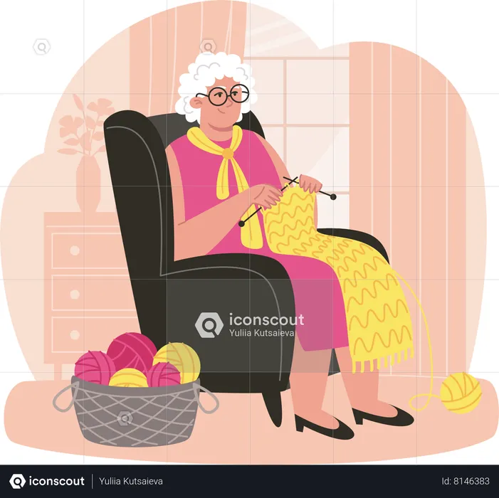 Senior woman sits in an armchair and knits scarf in cozy room  Illustration