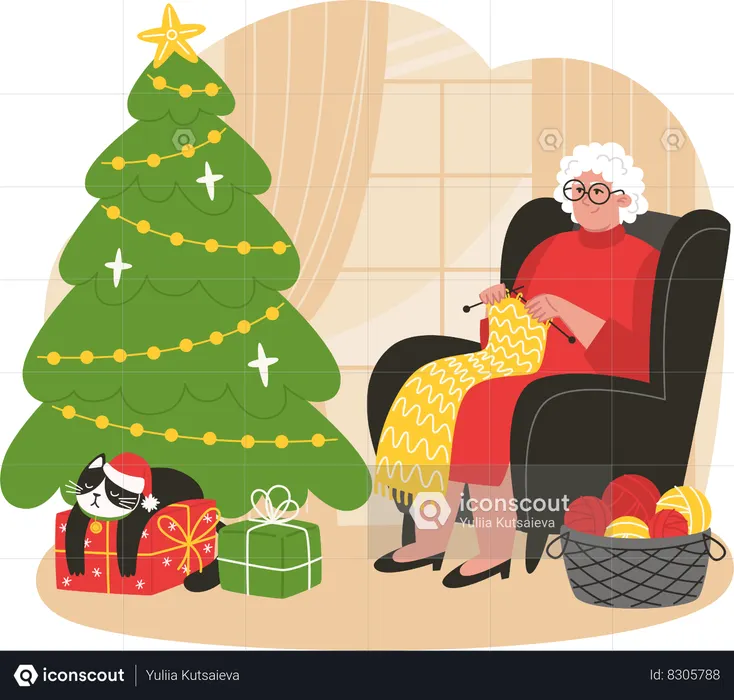 Senior woman sits in an armchair near Christmas tree and knits a scarf  Illustration