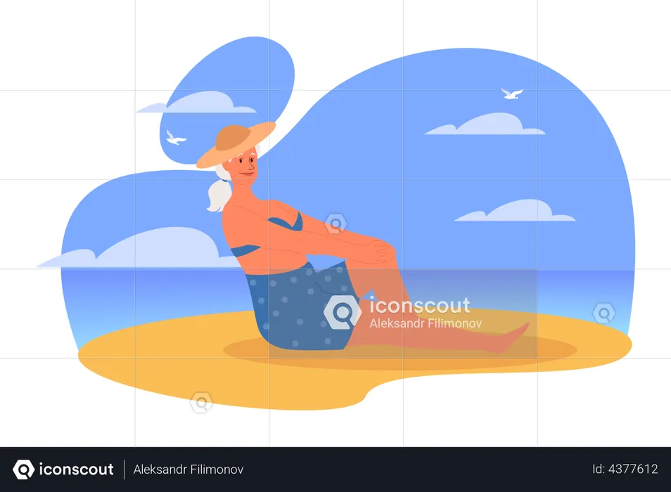 Senior woman spending time on the beach  Illustration