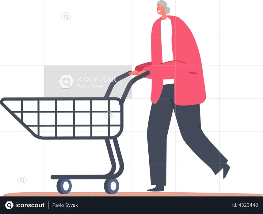 Senior Woman Walk with Shopping Cart  Illustration