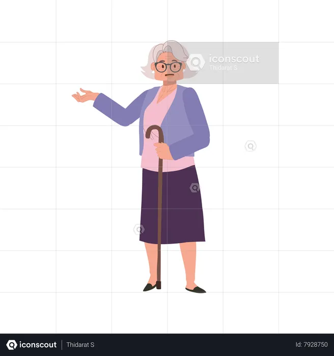 Senior Woman with cane stick and introducing  Illustration