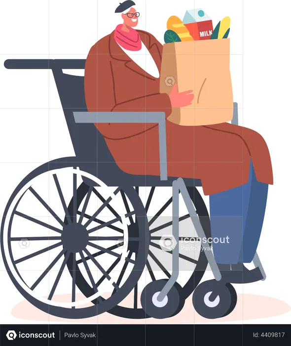 Senior Woman with Grocery Bag Sitting on Wheelchair  Illustration
