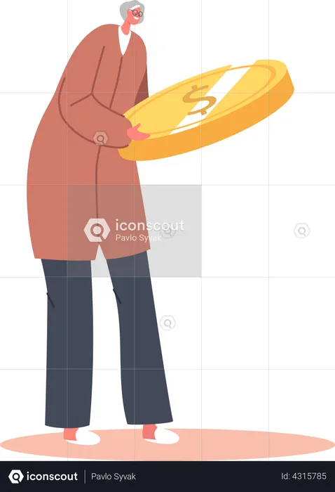 Senior Woman with Huge Golden Coin  Illustration