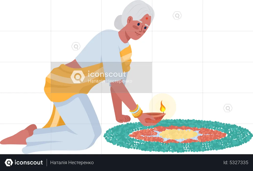 Senior woman with mandala and diya  Illustration