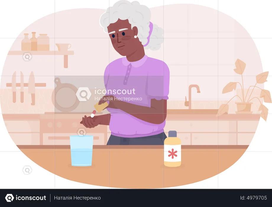 Senior woman with pills at home  Illustration