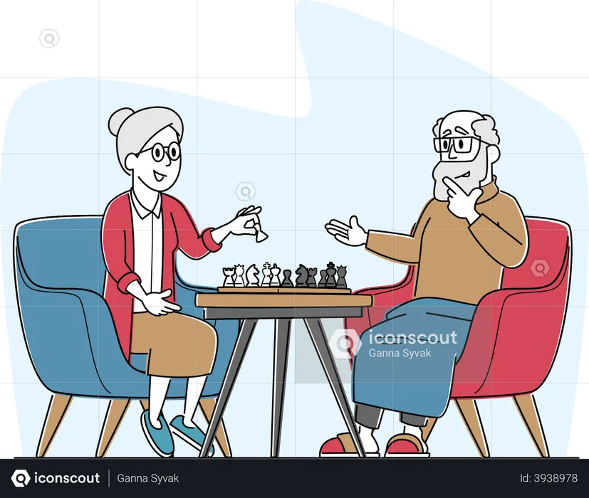 Seniorenpaar spielt Schach im Pflegeheim  Illustration