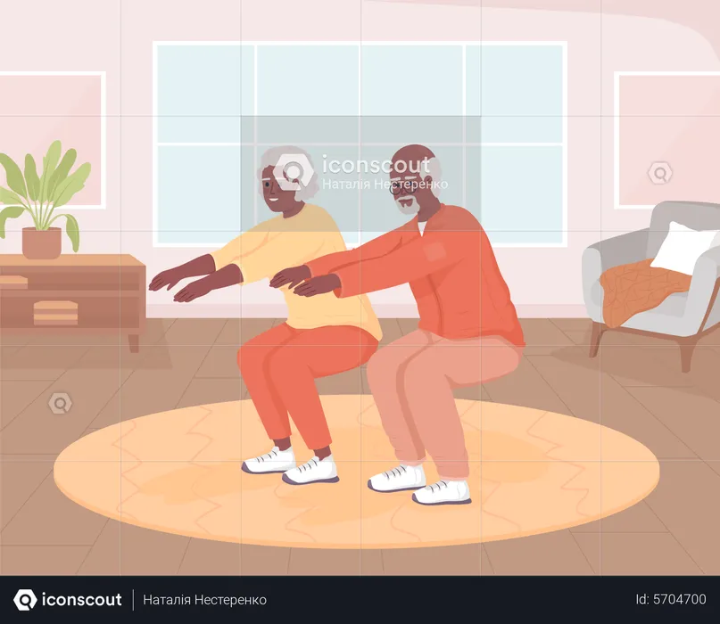 Seniors doing squats at home  Illustration