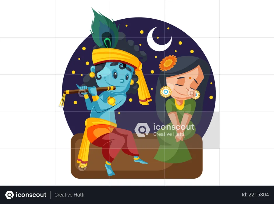 Lord Krishna tocando la flauta con Radhe por la noche  Ilustración