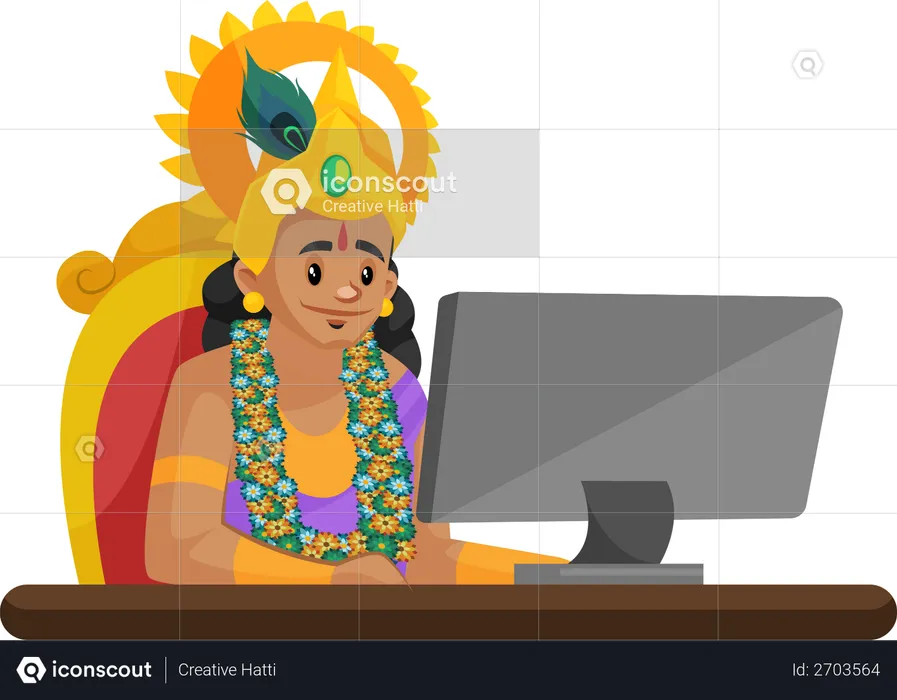 Señor Krishna trabajando en la computadora portátil  Ilustración