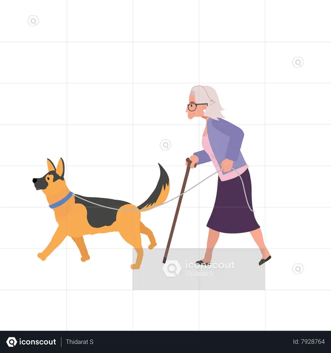 Señora mayor con bastón y fiel perro acompañante  Ilustración