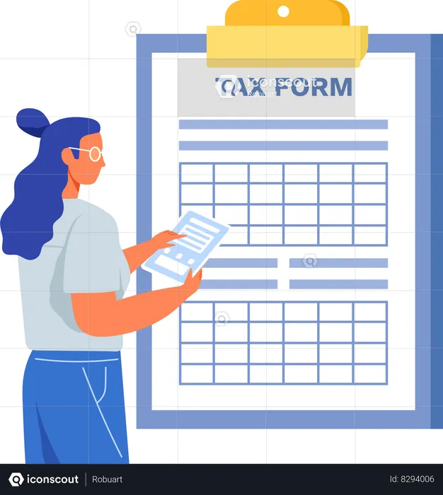 Señora mira el formulario de impuestos  Ilustración