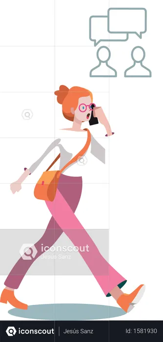 Señorita caminando rápido y haciendo chismes por teléfono  Ilustración