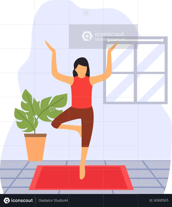 Señorita haciendo yoga de pie en la habitación  Ilustración