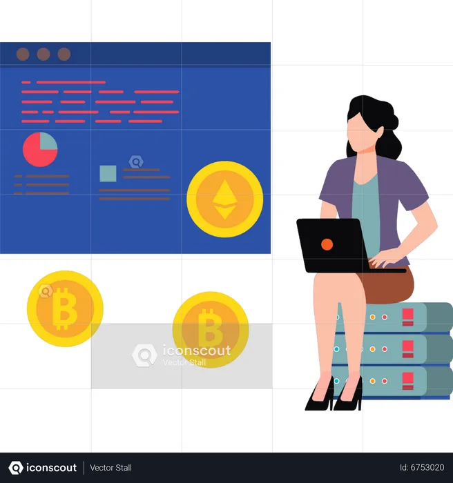 Señorita trabajando en programación de criptomonedas  Ilustración