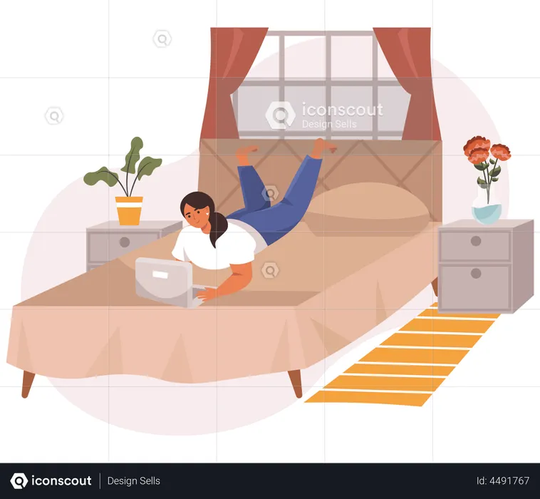 Señorita trabajando en la computadora portátil mientras está acostada en la cama  Ilustración