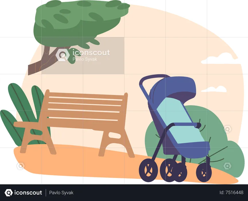 Serene Summer Park and Baby Stroller  Illustration