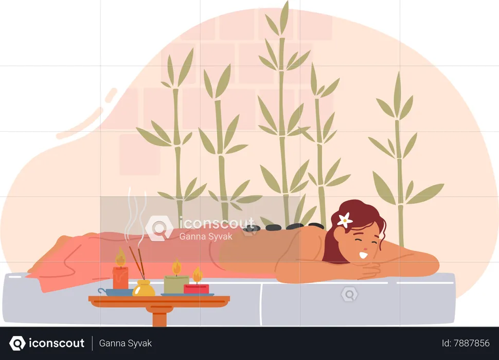 Serene Woman Lies With Stones On Her Back In A Spa Salon During A Soothing Treatment  Illustration