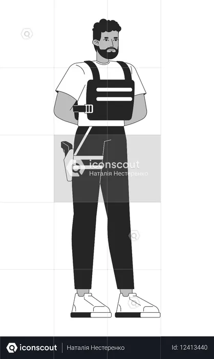 Serious black male security guard in bulletproof vest and carrying sidearm  Illustration