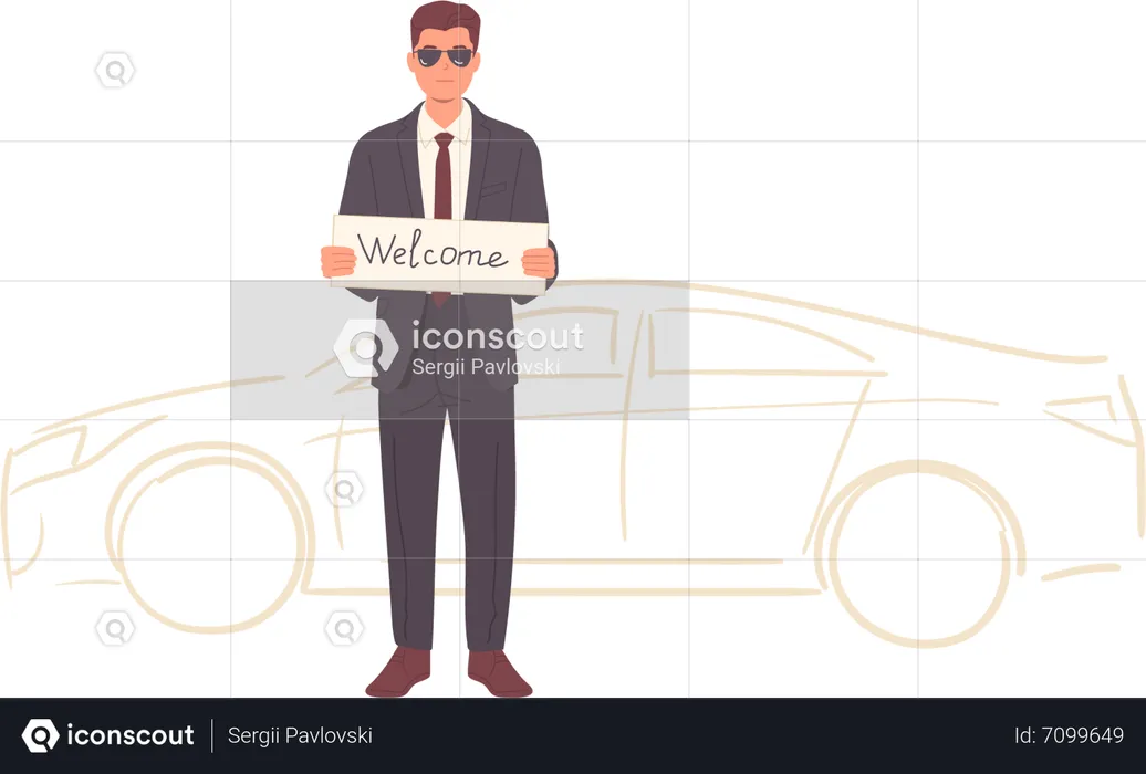 Serious bodyguard wearing formal suit and sun glasses standing with hello banner meeting boss  Illustration