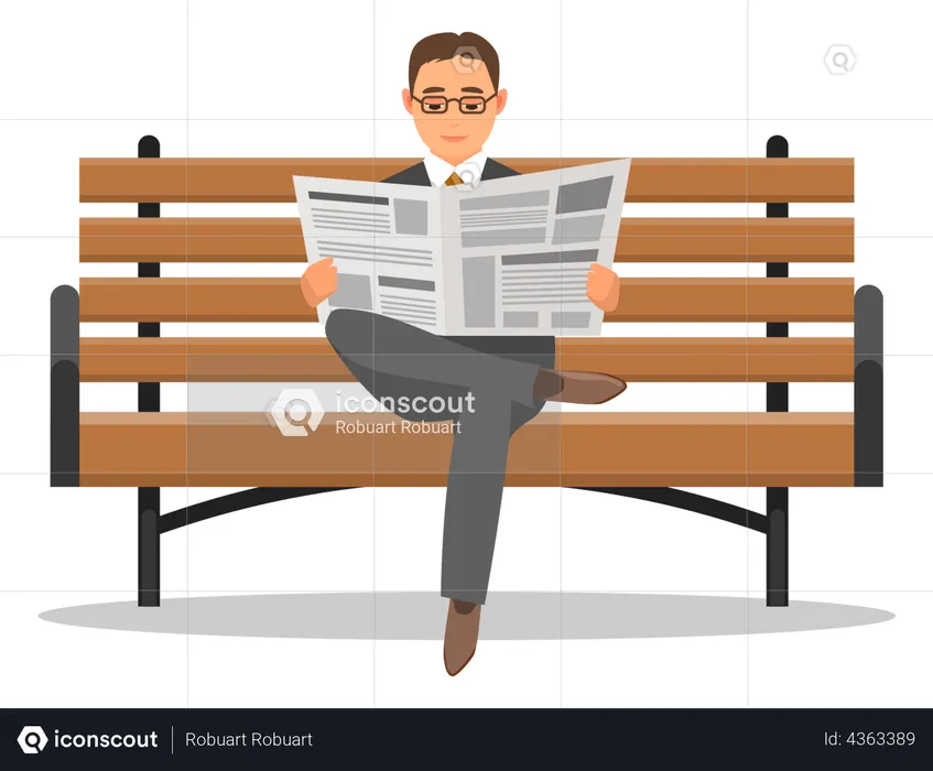 Serious man sits on bench and reads newspaper  Illustration