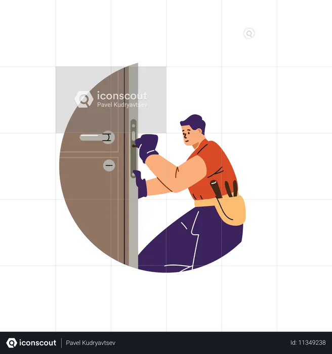 Trabalhador profissional de chaveiro consertando fechadura de porta usando ferramentas especiais  Ilustração