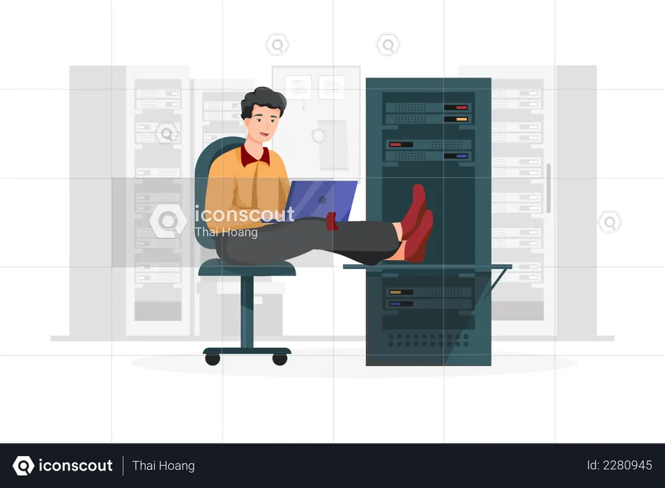 Server Manager working on laptop putting leg on server machine  Illustration