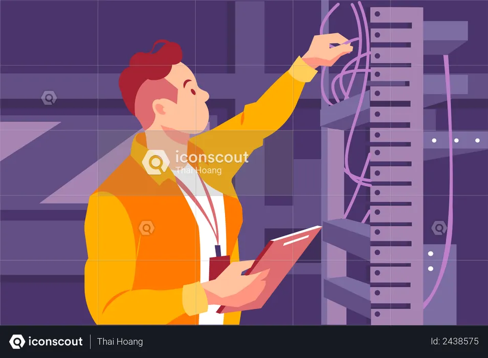 Servertechniker passt Verkabelung an  Illustration