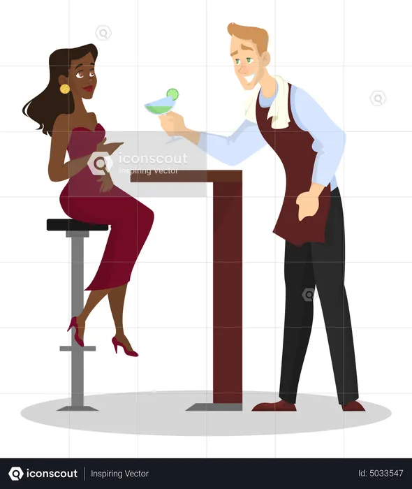 Serveur en uniforme tenant un cocktail pour une belle jeune femme  Illustration