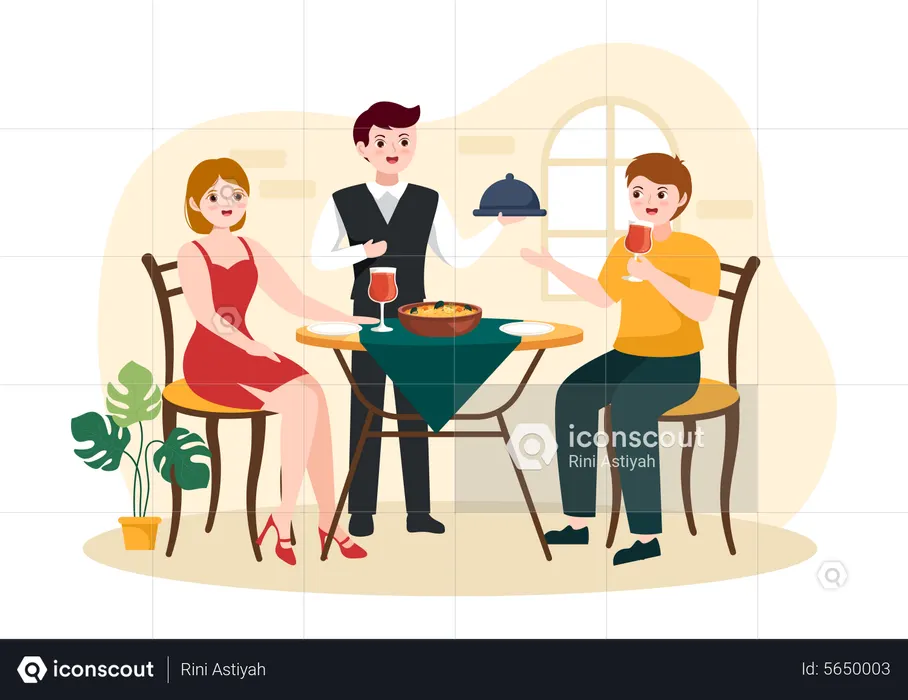 Serveur servant de la nourriture espagnole au couple  Illustration