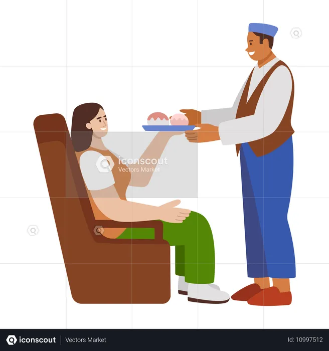 Serveur servant un repas à une femme  Illustration