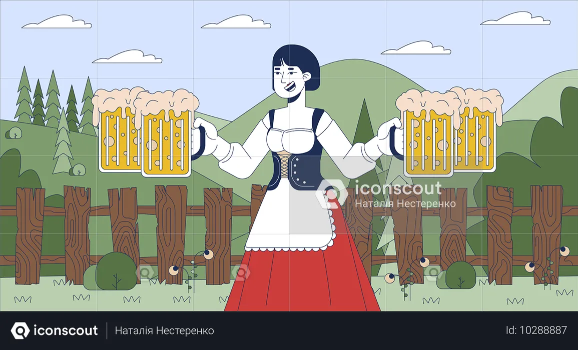 Serveuse asiatique transportant de la bière à l'Octoberfest  Illustration