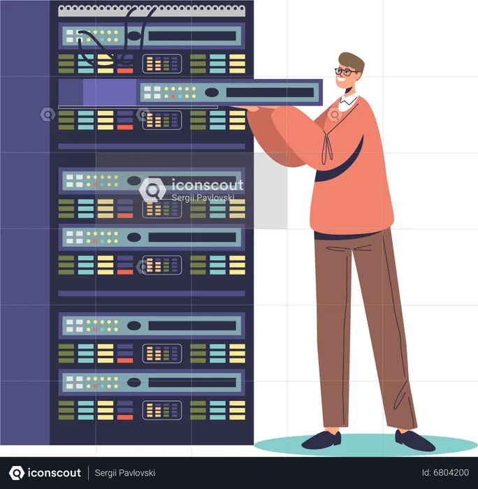 Service administrator working in server room with rack cabinets  Illustration