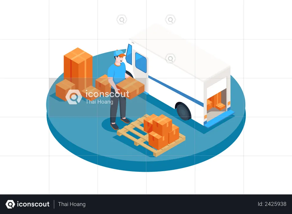 Homme de service de livraison chargeant des boîtes de colis dans un camion  Illustration