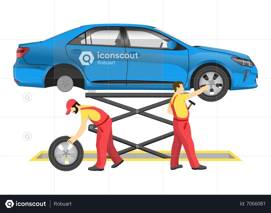 Service man doing car wheel balancing  Illustration