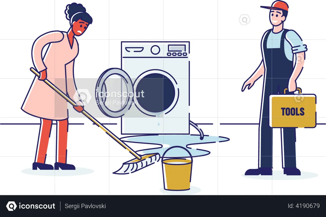 Serviceman With Toolbox and Repairing Washing Machine  Illustration