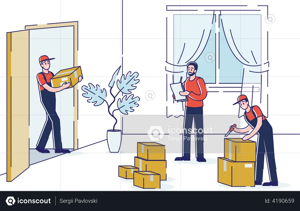 Servicio de mudanza con cargadores llevando cajas de cartón al salón  Ilustración