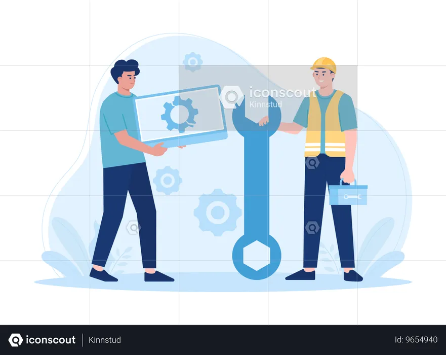 Serviços de reparo com técnicos de suporte de laptop  Ilustração