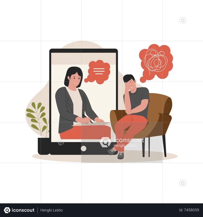 Homem consultando sessão de psicólogo on-line  Ilustração
