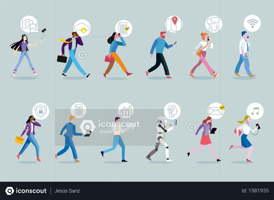 Set of business men and women walking while using their mobile devices  Illustration